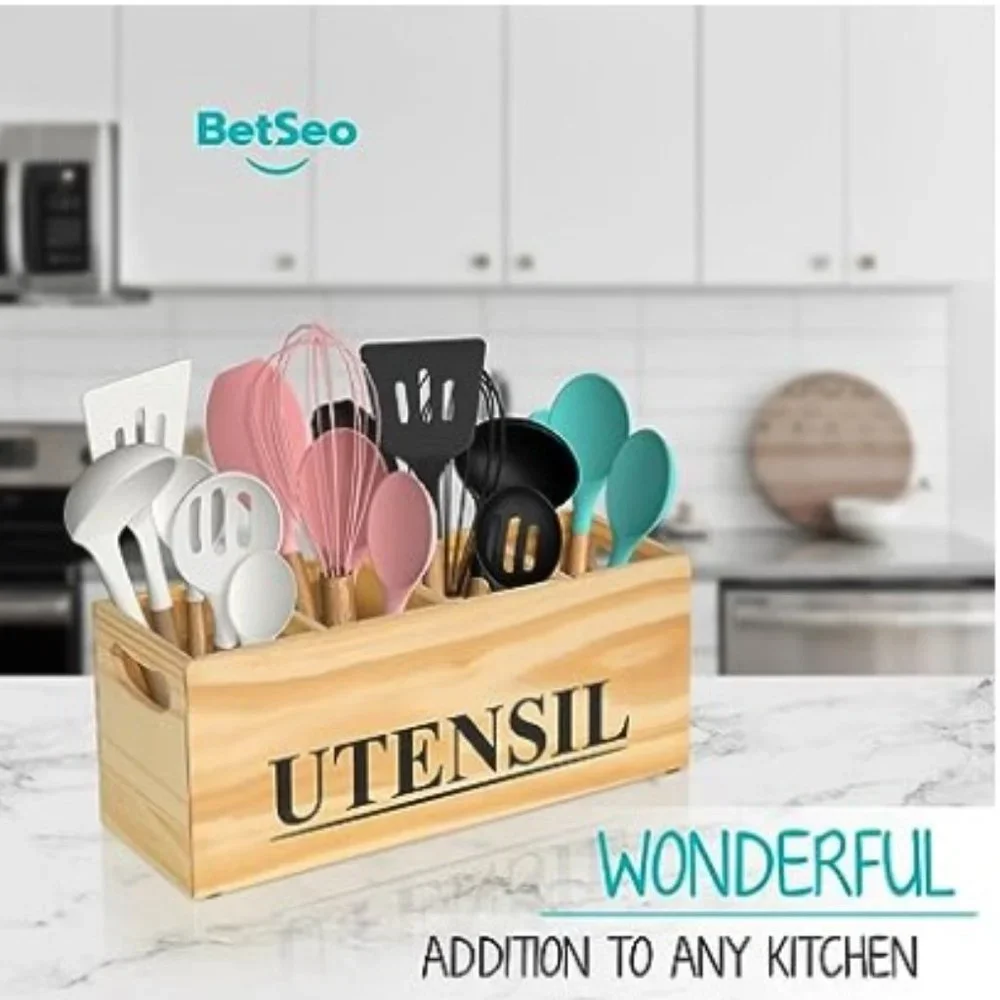 XL - Pine Wood Kitchen Cooking Utensil Holder - 4 Removable Compartments